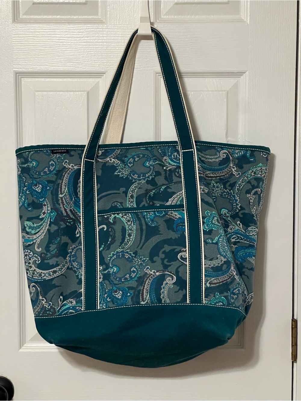 Lands’ End Large Canvas Tote Bag Teal Blue Paisley Zipper Top Carryall  Travel